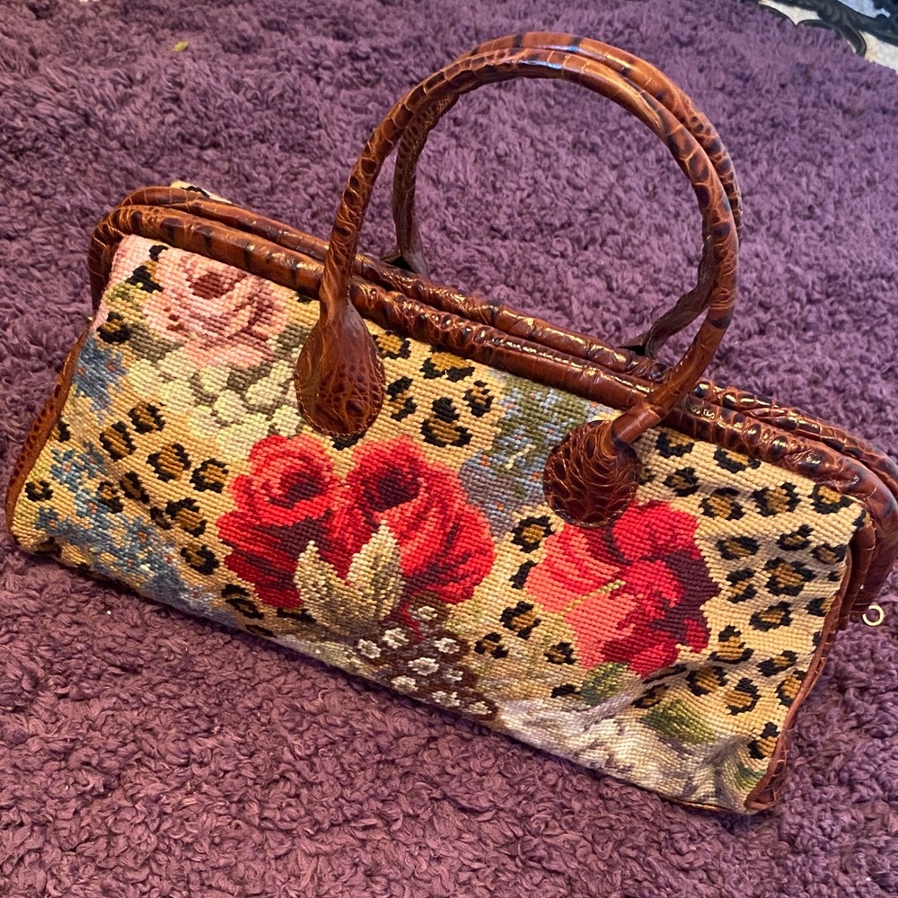 Clever Carriage Co. Floral Needlepoint Doctor Satchel, Croco Embossed Leather - Picture 2 of 16